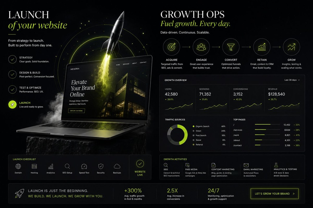 Launch and growth operations dashboard — performance metrics and post-launch ops