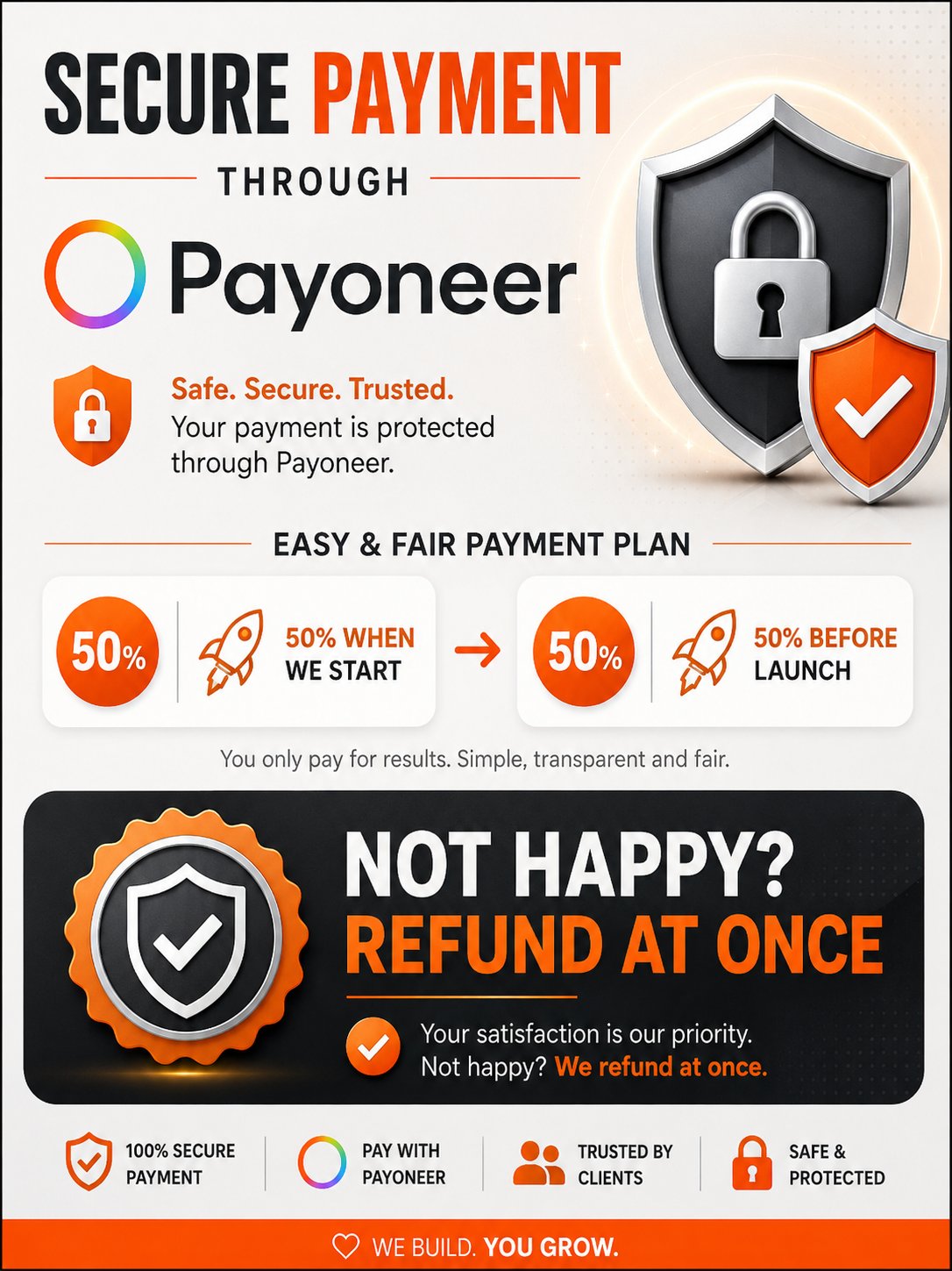 Secure payment through Payoneer — 50% when we start, 50% before launch. Not happy? Refund at once.