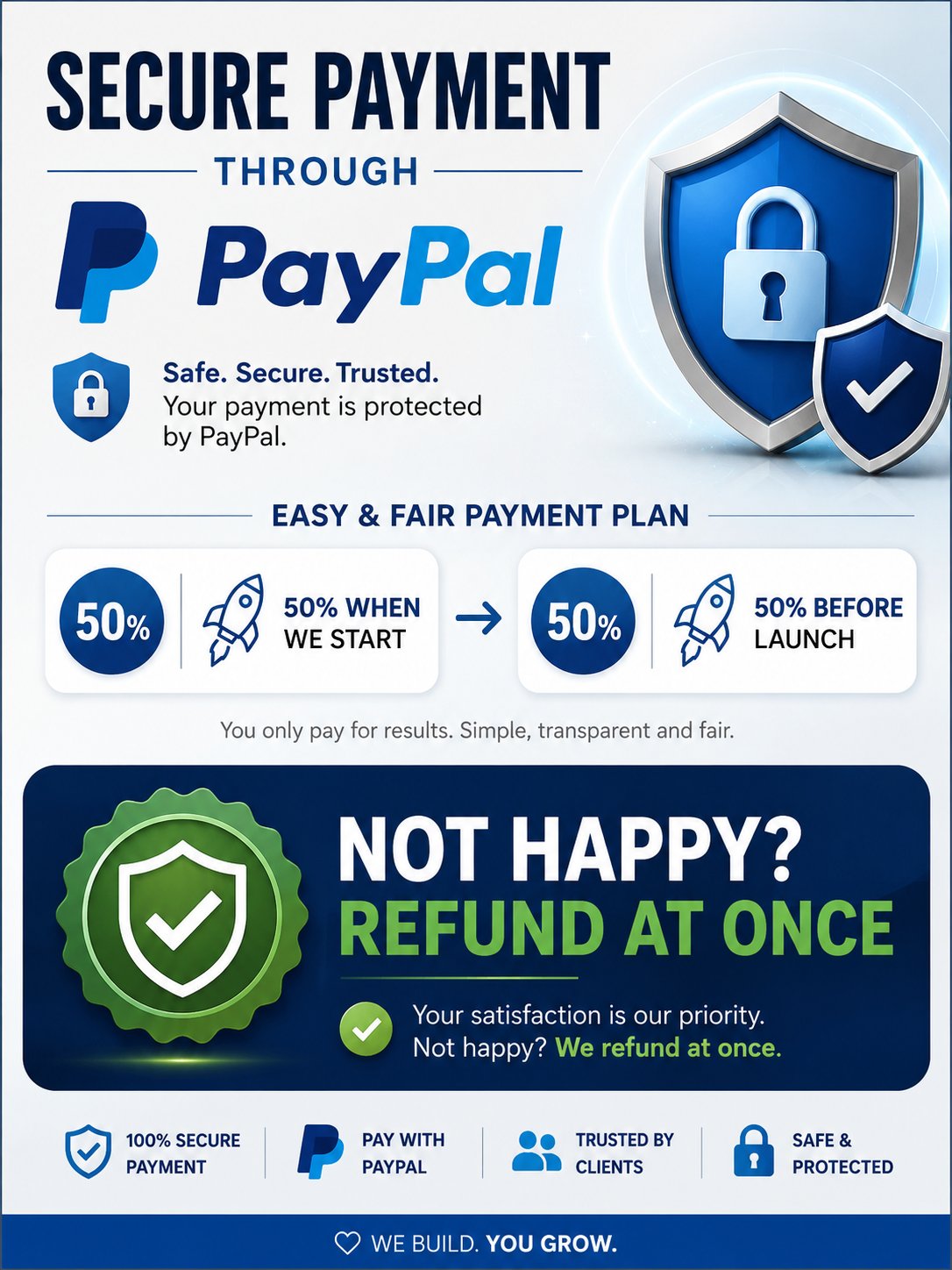 Secure payment through PayPal — 50% when we start, 50% before launch. Not happy? Refund at once.