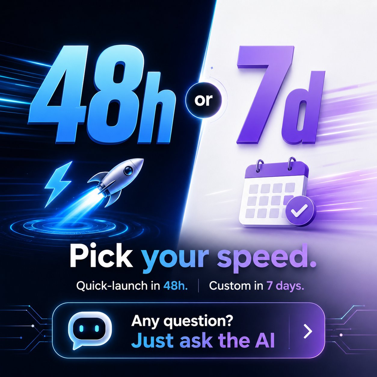 48h or 7d — Pick your speed. Quick-launch in 48 hours. Custom in 7 days. Any question? Just ask the AI.